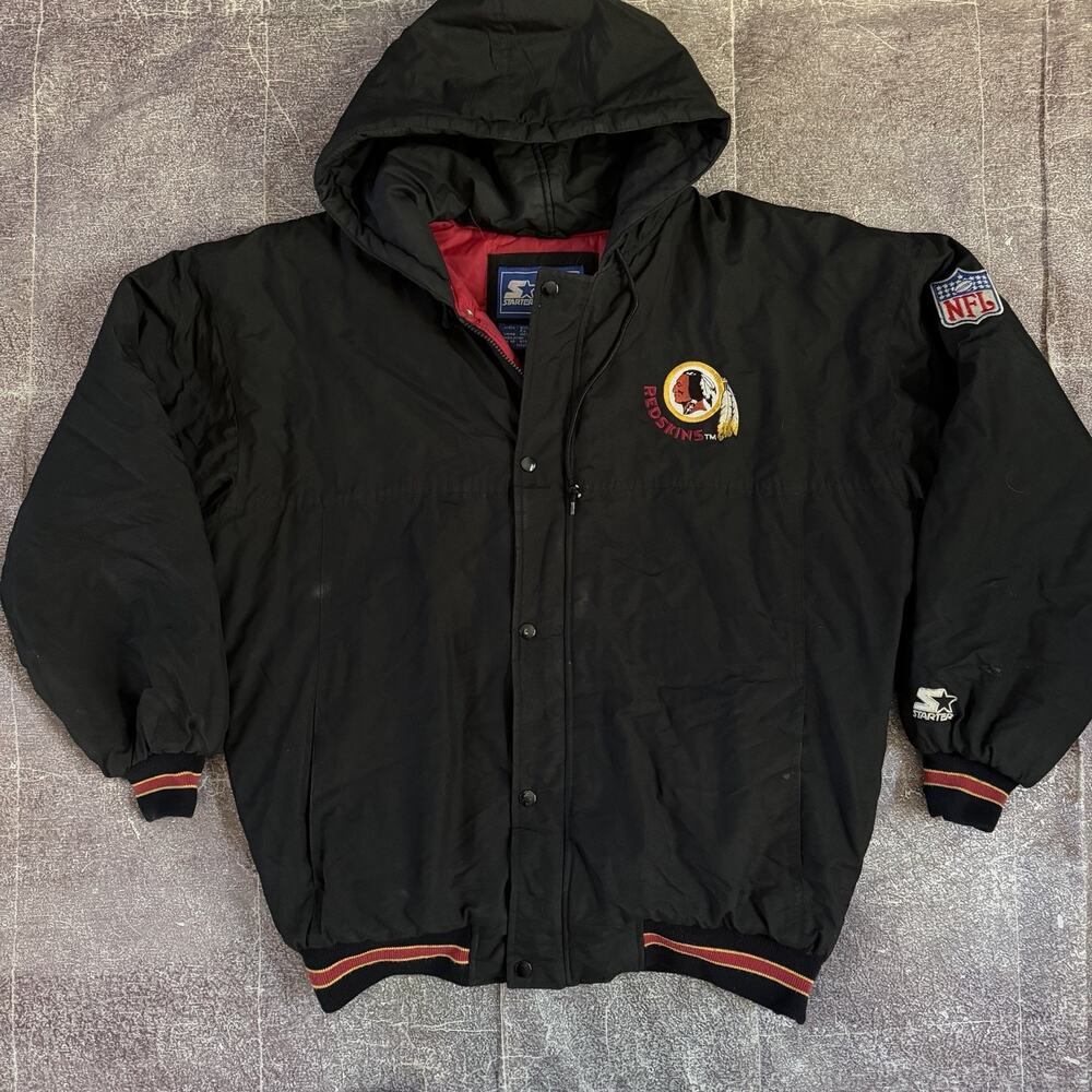 Men's Vintage 90's Starter Washington Redskins Black Hooded Puffer Jacket Sz L